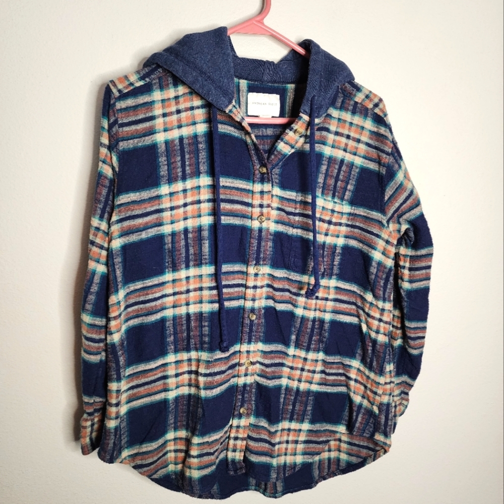 American Eagle Oversize Hooded Button Up Flannel Shacket, Blue Plaid, Women XS